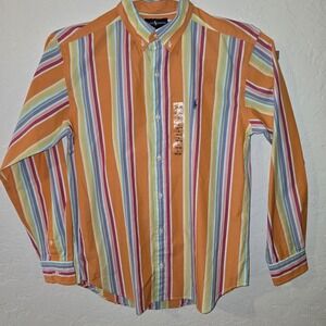 NEW Boys Large 16/18 Ralph Lauren Bright Vertical Striped Button Up Orange pink